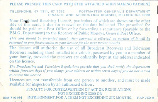 Back of radio and TV licence