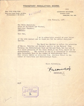 Correspondence between Transport Regulation Board and Shire of Blackburn and Mitcham