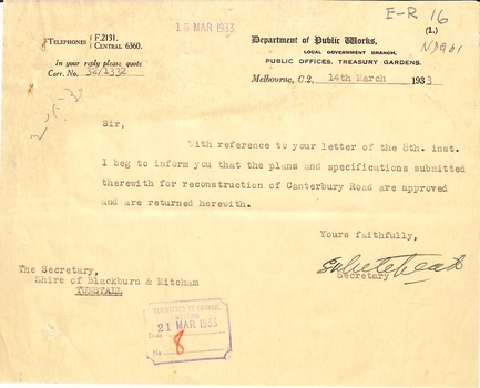 Documents concerning Reconstruction of sections of Canterbury Road at Blackburn, 