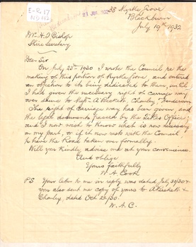 Letter from W.A. Cook dated 19 July 1932 to H.F. Bishop, Shire Secretary, Shire of Blackburn and Mitcham