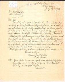 Letter from W.A. Cook dated 19 July 1932 to H.F. Bishop, Shire Secretary, Shire of Blackburn and Mitcham