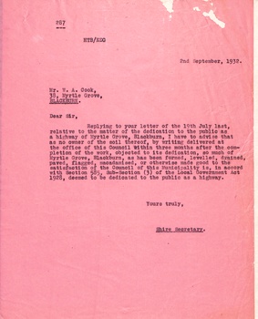 Letter from W.A. Cook dated 19 July 1932 to H.F. Bishop, Shire Secretary, Shire of Blackburn and Mitcham,