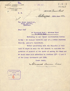 Correspondence between Shire Secretary, Shire of Blackburn and Mitcham and vendors and their solicitors 