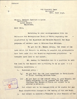 Correspondence between Shire Secretary, Shire of Blackburn and Mitcham and vendors and their solicitors 