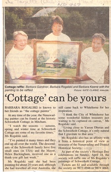 Article and colour photograph from Whitehorse Gazette, 10 March 1999 on painting of Schwerkolt Cottage by Barbara Rogalski