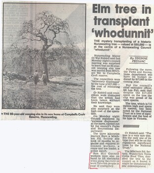 An 80 year old weeping elm tree was removed from Wunderlich Tile Factory, Mitcham Rd to Campells Croft Reserve costing $17,000 which caused displeasure at a meeting at the Council of Nunawading.