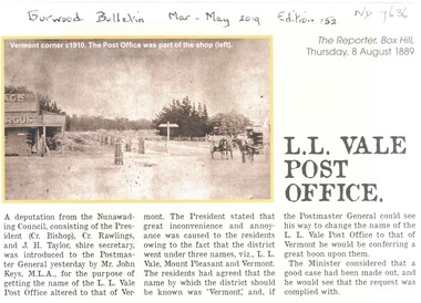 Article, L. L. Vale Post Office, 1889