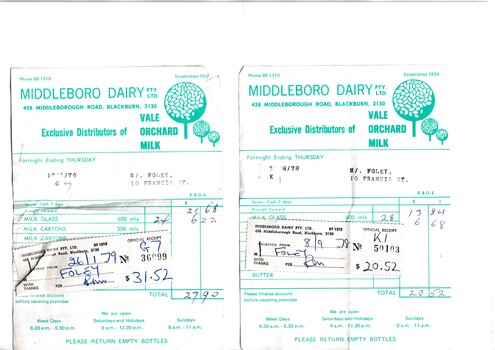 Jack Foley Household Receipts - Dairy