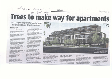 Article, Trees To Make Way For Apartments, 25/11/2019