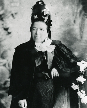 Black and white photo (two copies) of Mrs. Eliza  McGlone, one of the early settlers. 