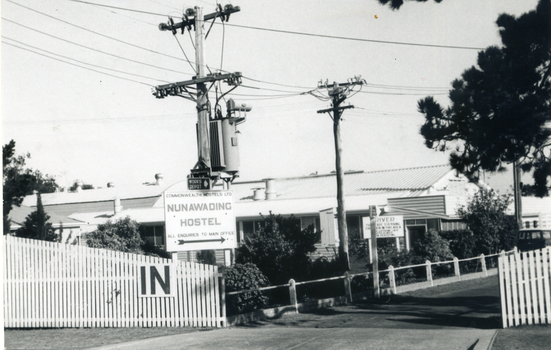 Black and white photo of entrance to Migrant Hostel, Rooks Road,