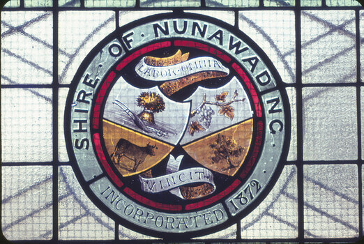 Shire of Nunawading Coat of Arms stained glass window.