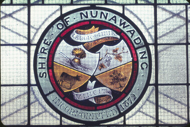 Shire of Nunawading Coat of Arms stained glass window.