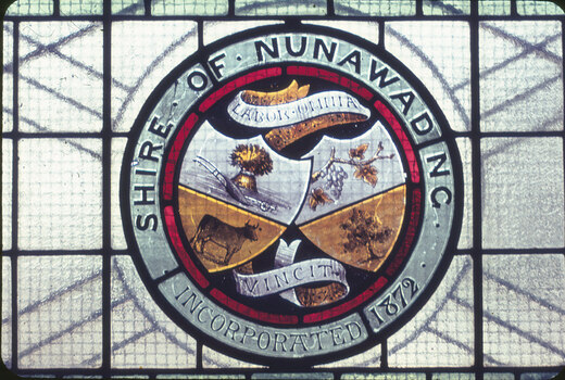 Shire of Nunawading Coat of Arms stained glass window.
