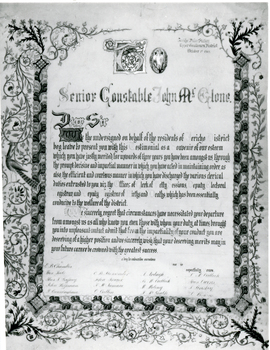 Black and white photo of illuminated address