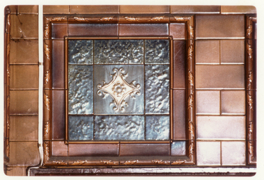 Coloured photo of tiles in South British Building, 19-25 Queen Street, Melbourne.  Demolished