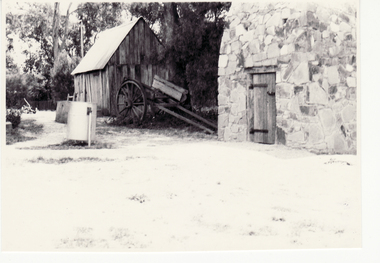 Black and white photo of smokehouse and Blacksmith's shop at Schwerkolt Cottage