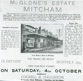 Black and white photo of sales brochure for McGlone's Estate, Mitcham, 4/10/1924