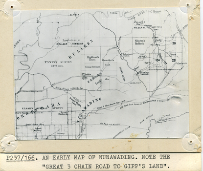 Black and white photo of early sub-division of  Nunawading.|NOTE:- Great 3 Chain Road to Gipp's Land.