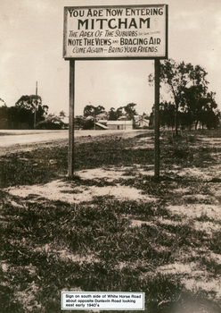 Sign on south side of Whitehorse Road opposite Dunlavin Road, Mitcham, looking east. Early 1940s