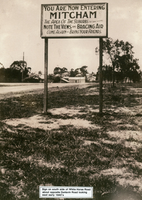 Sign on south side of Whitehorse Road opposite Dunlavin Road, Mitcham, looking east. Early 1940s
