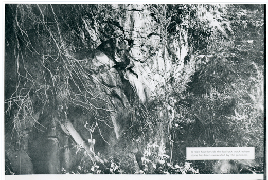 Black and white photo of rock face at Yarran Dheran Reserve used by Pioneers for building material 