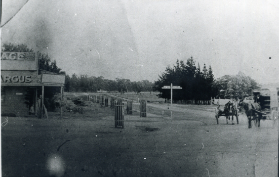 Black and white photo of Vermont Corner about 1907, looking west from site of Shell garage. 