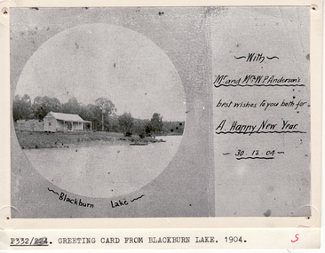 Black and white postcard showing Blackburn Lake|