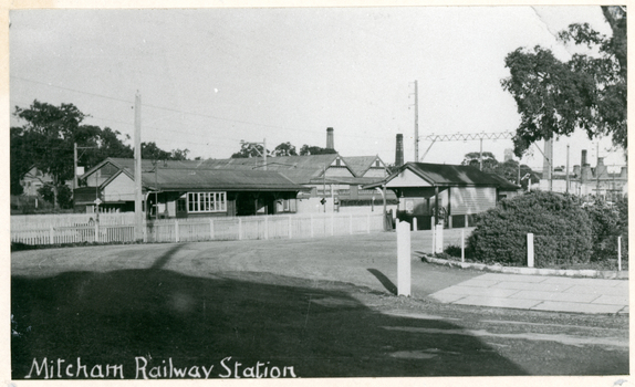 Three copies black and white photo of Mitcham Railway Station 1940.