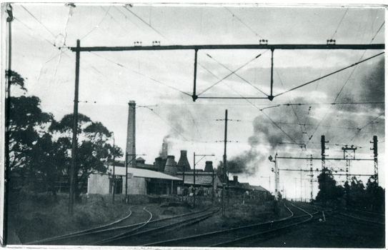 Black and white photo of Australian Tessellated Tile Co. Works c1940 showing siding near from Mitcham Railway Station. 