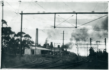 Black and white photo of Australian Tessellated Tile Co. Works c1940 showing siding near from Mitcham Railway Station. 
