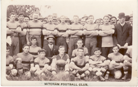 Black and white photo of Mitcham Football Club. Identification is uncertain .