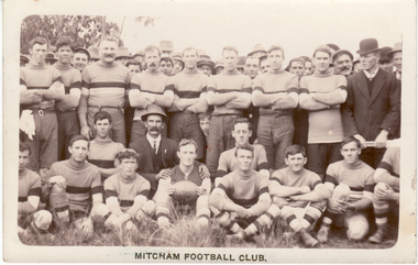 Black and white photo of Mitcham Football Club. Identification is uncertain .
