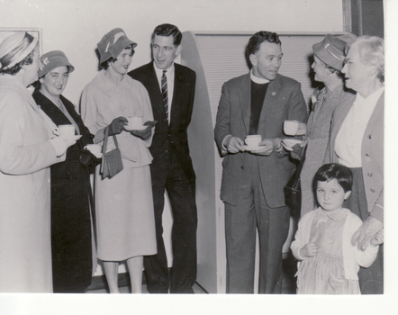Black and white photo of Mayor and Mayoress of Nunawading (Cr. & Mrs. Satchwell) and local residents at the opening of Blackburn Post Office. 