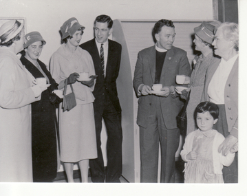 Black and white photo of Mayor and Mayoress of Nunawading (Cr. & Mrs. Satchwell) and local residents at the opening of Blackburn Post Office. 