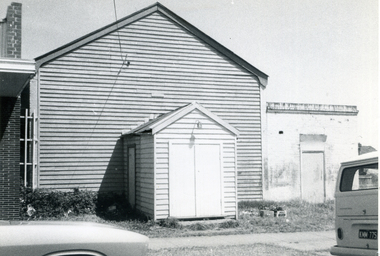 Black and white photo of Guide & Scout Hall, Britannia Street, Mitcham which served as 'Home' for Mitcham's Scouts, Guides, Cubs and Brownies for many years.