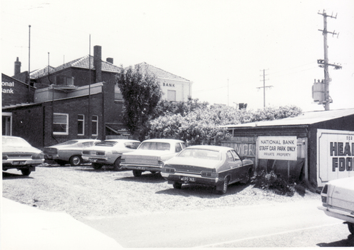 Black and white photo of back of shops and banks, south side of Whitehorse  Road, Mitcham