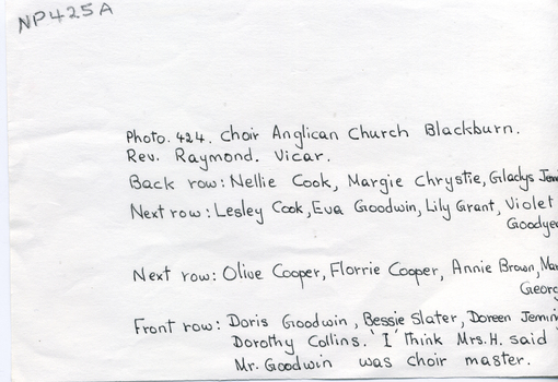 Back of photo of Anglican Church Choir members.