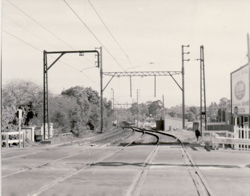 Black and white photo of Blackburn Railway Station taken from Blackburn Road Railway Crossing looking west.
