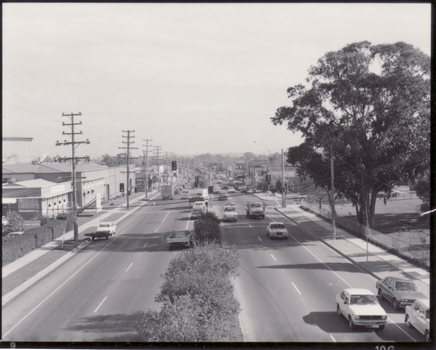 Black and white photo of Whitehorse Road from Blackburn Overpass, looking west.  