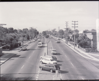Black and white photo of Whitehorse Road, taken from Blackburn overpass looking east. 