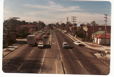 Coloured photo of Whitehorse Road and Station Street corner, from Blackburn overpass looking East