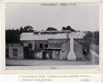 Black and white photo of O'Callaghan's Pub Corner, cnr  Station Street and Whitehorse Road, Mitcham. 