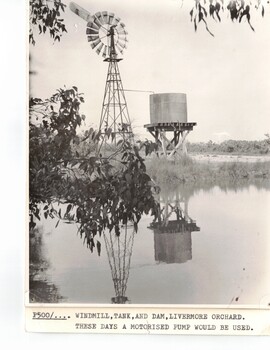 Black and white photo of dam on Livermore Orchard