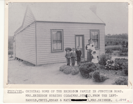 2 copies of black and white photo of Eriksson family in front of their home at 17 Junction Road, Blackburn