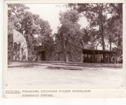 Black and white photo of Nunawading Historical Society Museum, east end of Museum and Implement Shed.