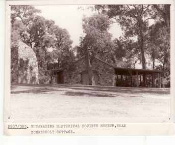 Black and white photo of Nunawading Historical Society Museum, east end of Museum and Implement Shed.
