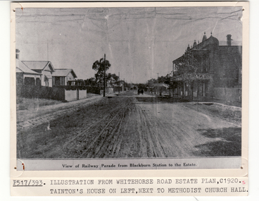 Black and white photo of Railway Parade, Blackburn. Tainton House on left next to Methodist Church hall.