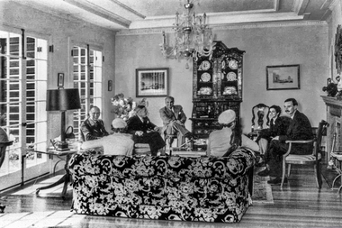 Black and white photo of Mr. Roger de Stoop, Middlefield Drive, Nunawading. Interior of drawing room. Present are the Prince and Princess of Luxembourg.
