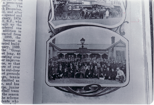 black and white photo of Travellers' Rest Hotel, Whitehorse Road, Blackburn.  Appears to have been photographed from a book.  Large group of men outside hotel.